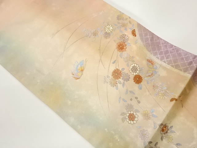 引箔金彩蝶に菊・籠目模様刺繍名古屋帯